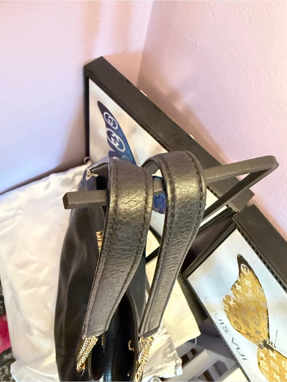 Michael Kors Black Pebbled Leather Shoulder Bag with Gold Chain Straps